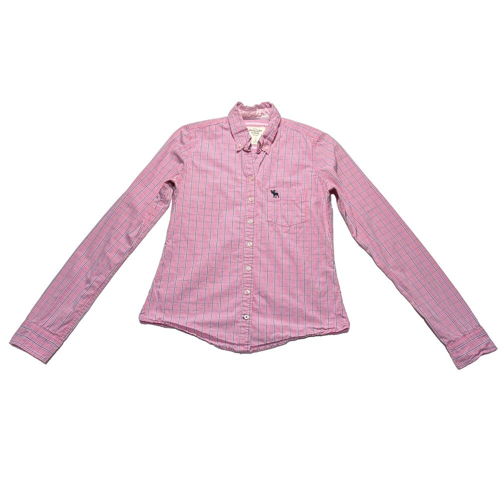 Vintage Abercrombie & Fitch Button Up Top Y2K Pink Plaid Fitted Logo Preppy S